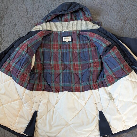Vintage 90s St. John's Bay Navy Parka Hooded Plaid Lining Utility XL Gorpcore - Picture 2 of 16